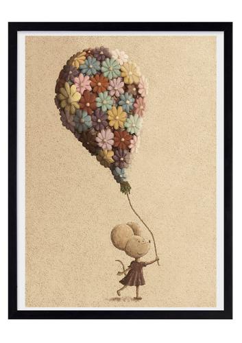 plakat dla dziecka z myszką trzymającą balon z kwiatów