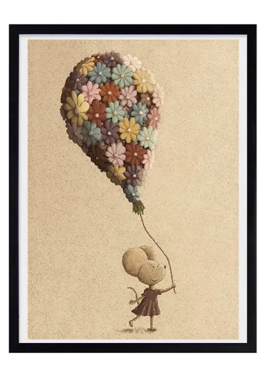 plakat dla dziecka z myszką trzymającą balon z kwiatów