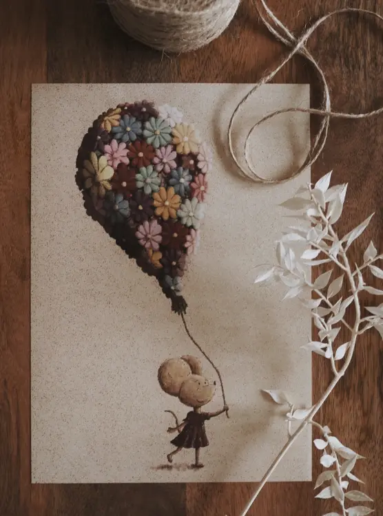 plakat dla dziecka z myszką trzymającą balon z kwiatów